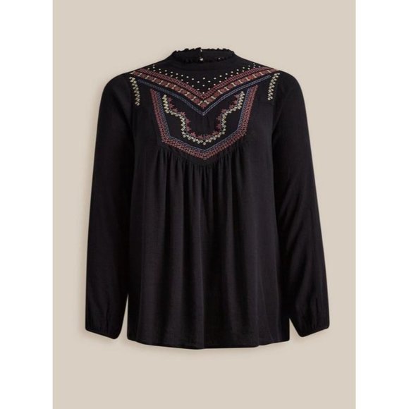 Torrid 1X NWT Washable Black Crinkle Gauze Relaxed Embroidered Blouse Boho Hippy - Picture 2 of 4